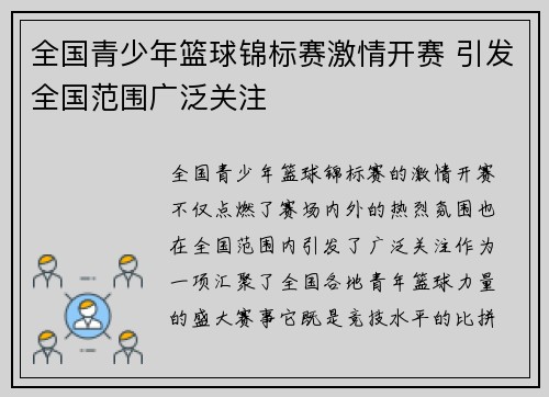 全国青少年篮球锦标赛激情开赛 引发全国范围广泛关注 全国青少年篮球锦标赛激情开赛 引发全国范围广泛关注